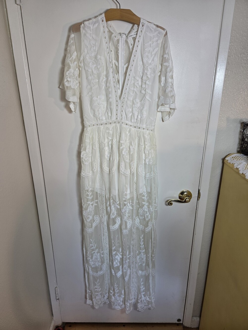 Honey Punch Embroidered Lace Maxi Dress White Romper Overlay Boho Festival Sz S